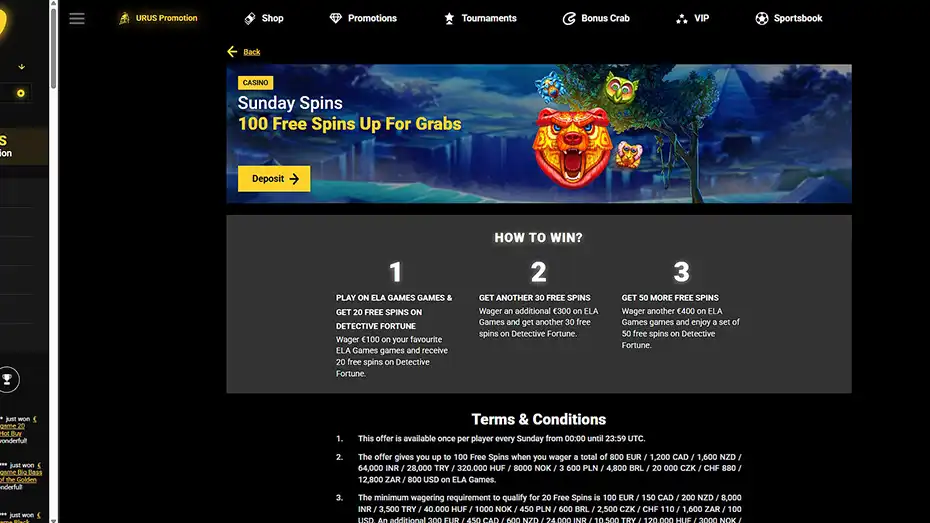 ZetCasino Sunday promotion interface showing tiers for 20, 30 and 50 free spins