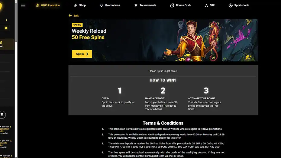 ZetCasino weekly reload bonus page offering 50 free spins for a deposit