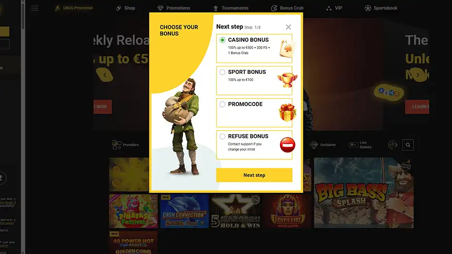 ZetCasino login page with welcome bonus selection