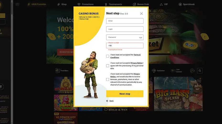ZetCasino signup form with email and password fields