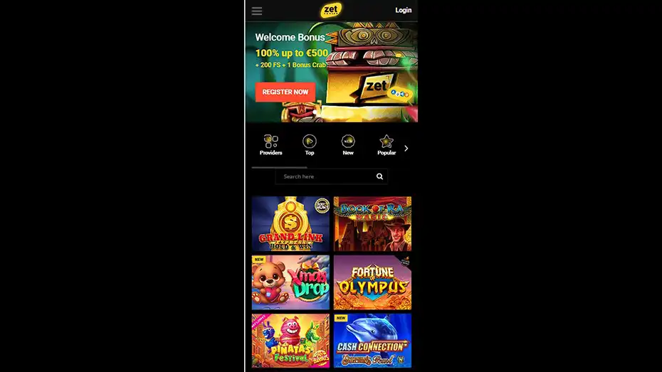 ZetCasino app interface on smartphone screen