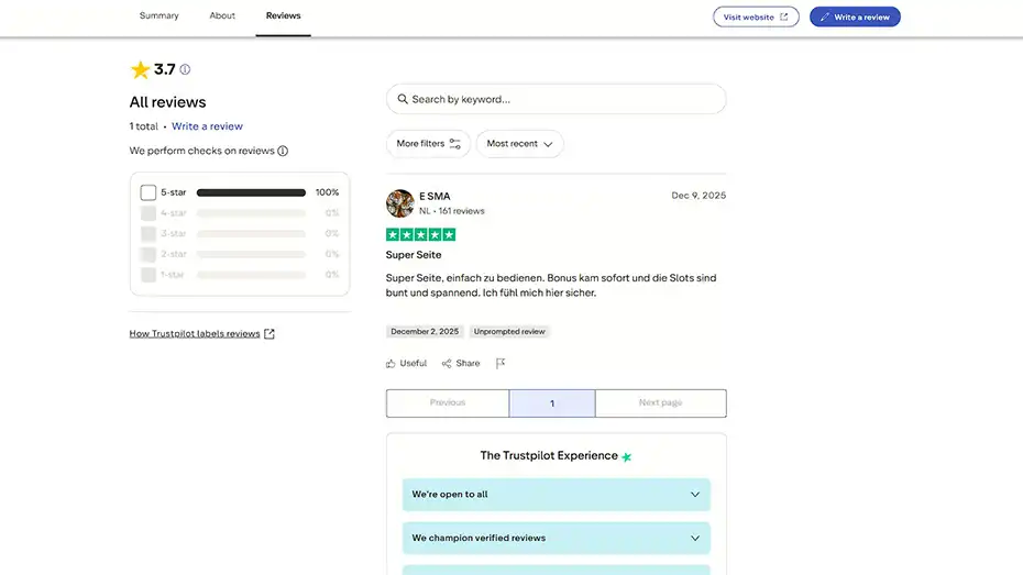 ZetCasino Trustpilot rating and feedback score