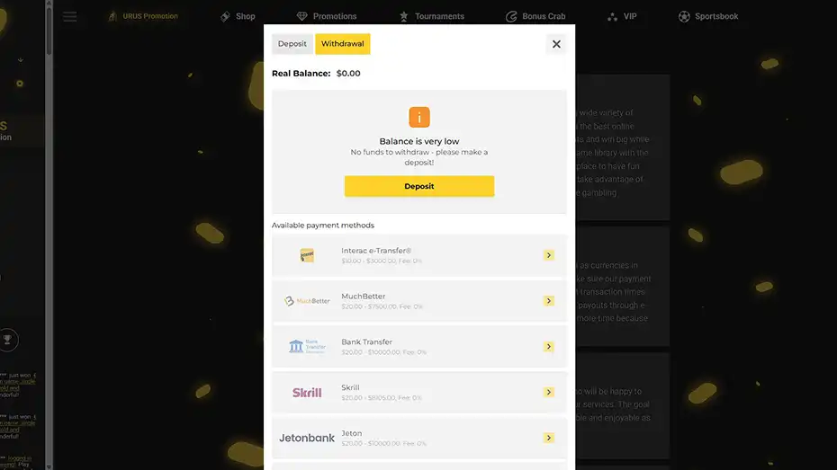 ZetCasino withdrawal interface and available limits