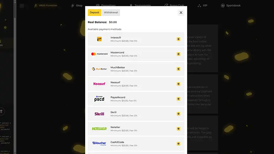 ZetCasino deposit methods including Interac and Mastercard